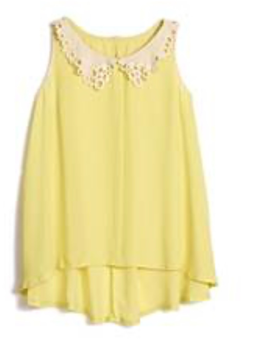 Hazel Yellow Sleeveless High-Low Top with White Crochet Lace Collar - Size M